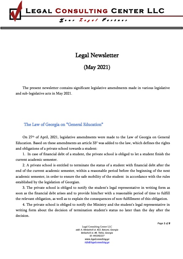 Publication Of The Legal Newsletters For May 2021 Legal Consulting